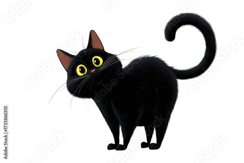 A cute, fluffy cartoon black cat with wide yellow eyes and a curious expression, standing with a curled tail. background removed