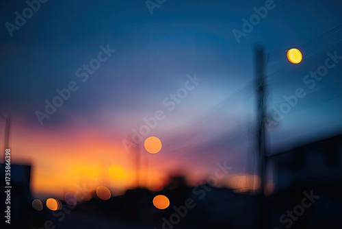 Blurry sunset cityscape at dusk