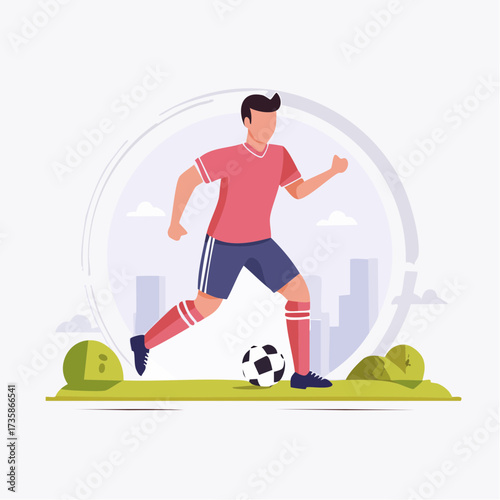 Illustration of a soccer player running with a soccer ball on a field.