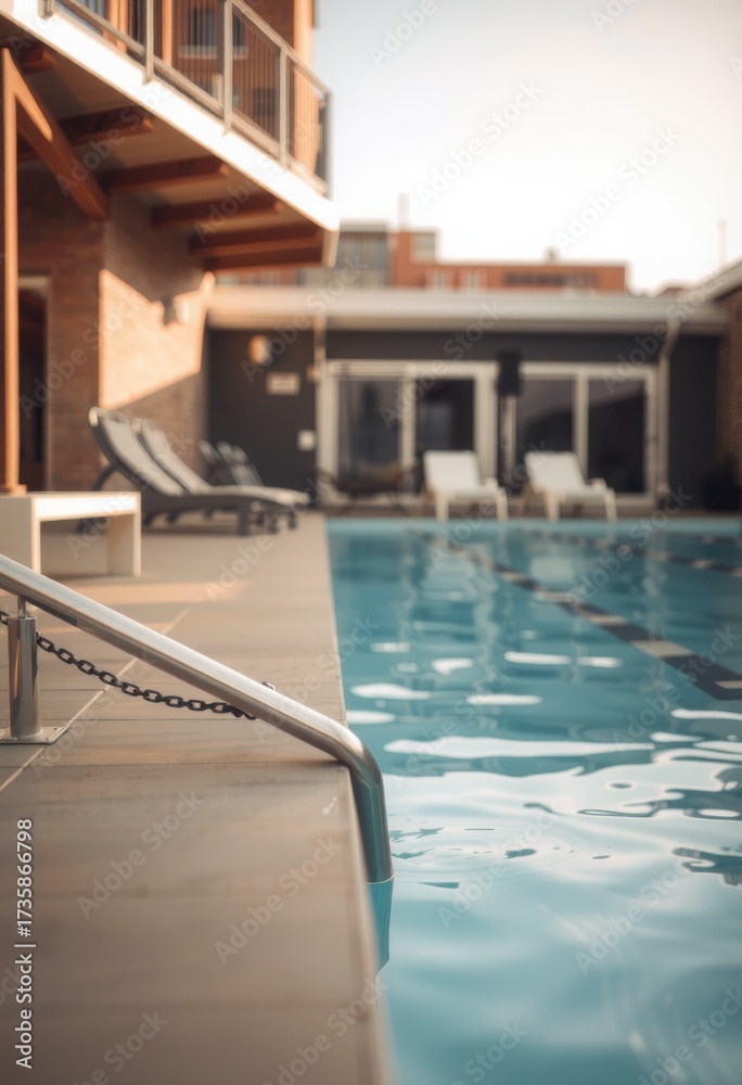 Obraz premium Modern apartment complex pool with lounge chairs and building architecture, lifestyle photography.