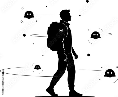 lone traveler navigates the future, guided by ubiquitous digital companions