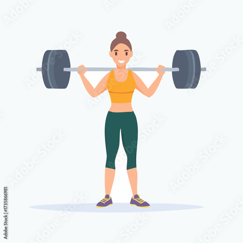 Illustration of a woman doing squats with a barbell on her shoulders.