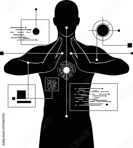 conscious being merges with data realizing humantech synergy, future empowered