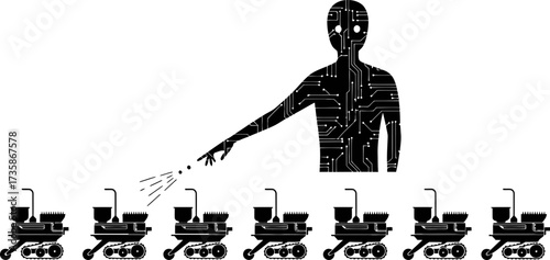 digital intelligence commands robot swarm, orchestrating future global efficiency