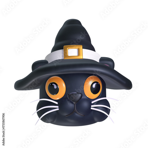 A 3D cute black cat with large orange eyes wearing a witch's hat with a white buckle band.