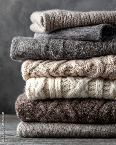 Stack of warm, knitted sweaters in various shades of beige, gray, and brown
