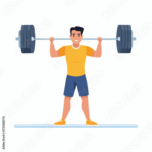 A man in a yellow shirt and blue shorts lifting a barbell overhead in a gym.