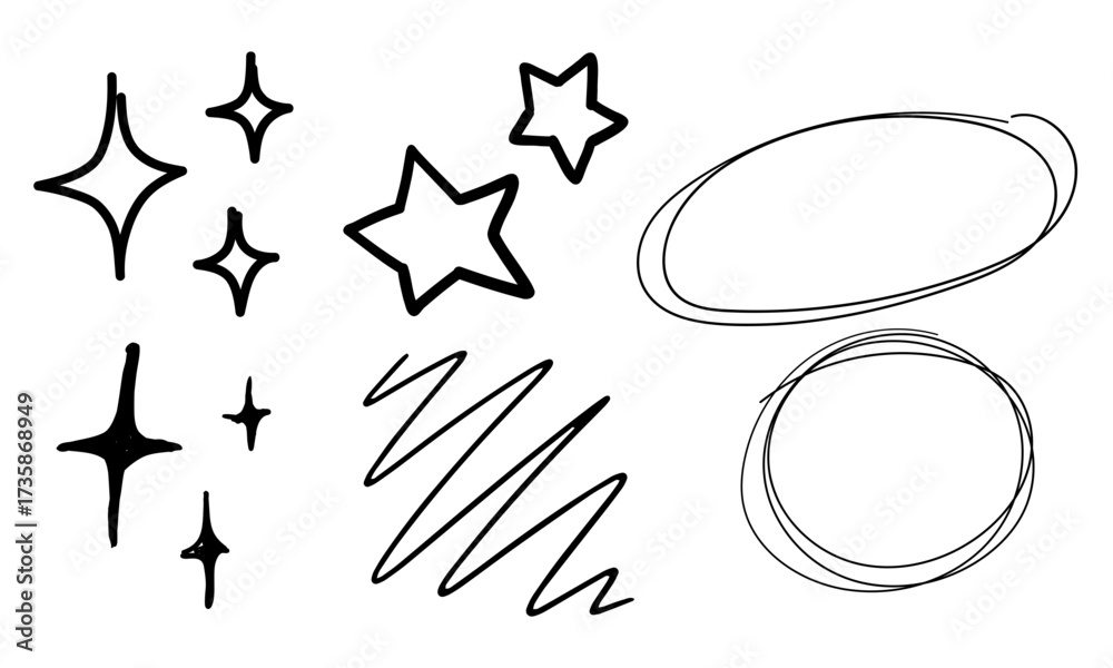 Fototapeta premium Hand-Drawn Doodle Collection: Stars, Scribbles, and Circular Elements for Graphic Design needs