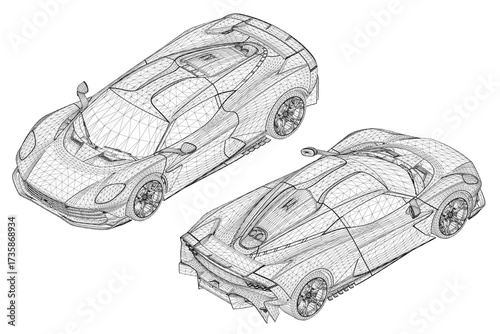 Sports car blueprint in 3D wireframe model set. Detailed technical design view on white background for automotive concept. Isometric view. 3D