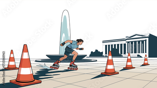 Roller Skating Illustration at Plaza with Cones and Fountain