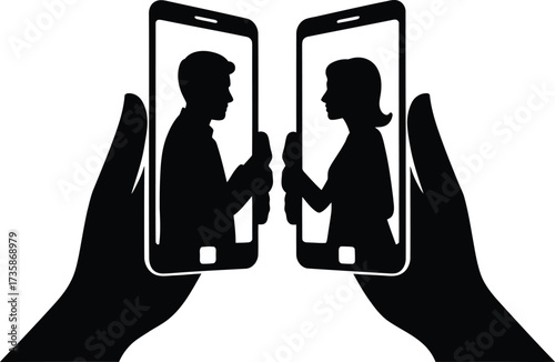 Silhouette Illustration of Online Dating Communication with Smartphones