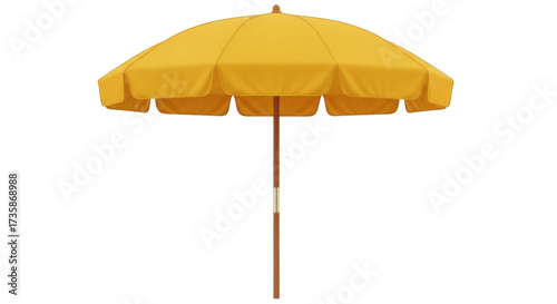 Isolated parasol for summer beach vacation, yellow sunshade with wooden pole for patio use