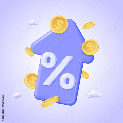 Blue and purple arrow up with percent sign and flying coins, stock trading, income growth, finance, investment, money exchange, 3d vector illustration. Isolated plastic cartoon vector icon.