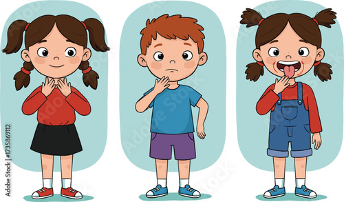 Cartoon children showing emotional expressions and gestures, vector illustration for behavior themes, communication, classroom learning, and social development education