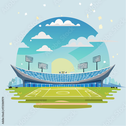 A modern vector illustration of a large sports stadium with a green field and blue sky.