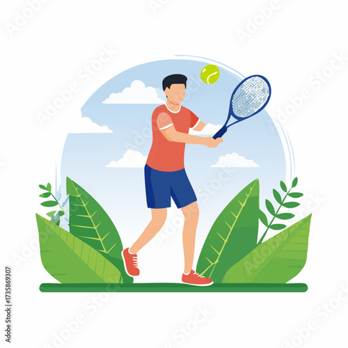 Illustration of a man playing tennis on a sunny day with a racket and ball.
