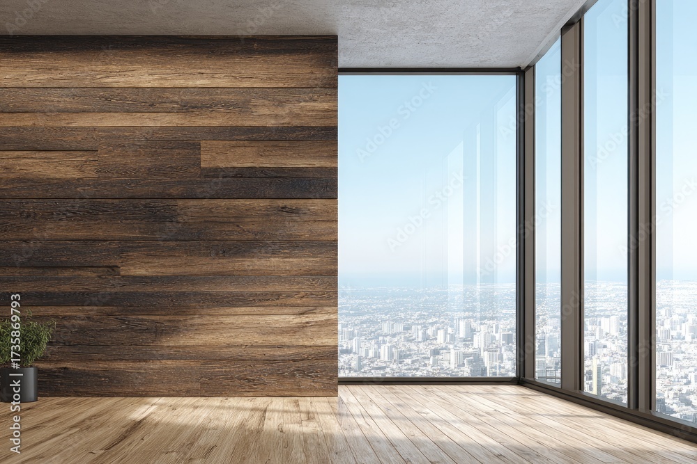 Obraz premium Modern minimalist room with wood wall and city view