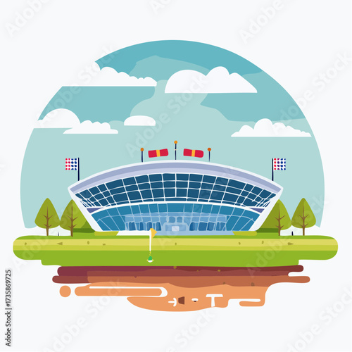 Modern sports stadium with a glass facade and flags under a cloudy sky, surrounded by green grass and trees, in a flat vector illustration style.