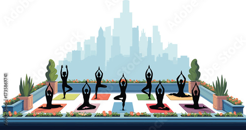 Yoga Poses on Mats with Cityscape Backdrop in Outdoor Yoga Studio