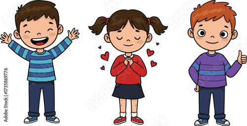 Cartoon children showing emotions and gestures, vector illustration for emotional learning, classroom behavior, character design, and educational content themes