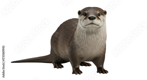 Foto Isolated Eurasian otter looking forward with its forelegs on the ground, no back