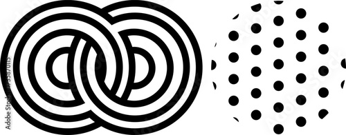 dynamic bold line interlocking circle as infinity and halftone memphis style.utilize the circle as their fundamental building block.