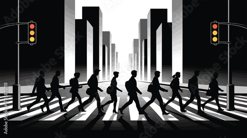 Business People Crowd Crossing Road on Zebra. Cityscape Buildings on Background Vector