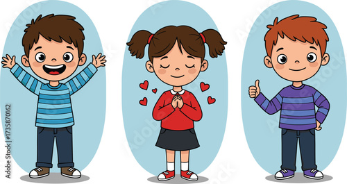 Cartoon children showing emotions and gestures, vector illustration for emotional learning, classroom behavior, character design, and educational content themes
