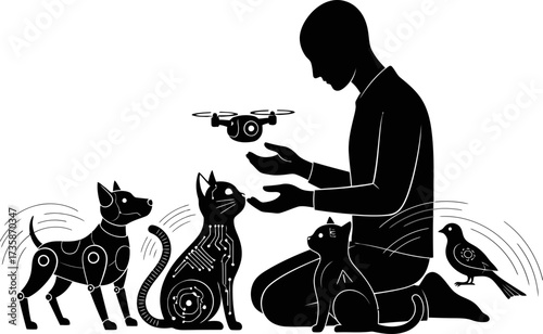 humanity connects with cybernetic pets, embracing an evolving digital companion future