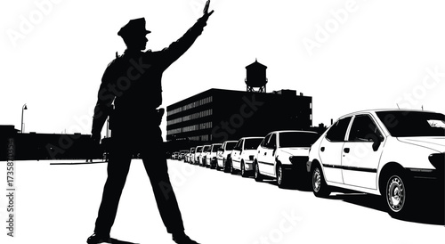 Police Officer Stopping Traffic. Cop Blocking Street. Law Enforcement Silhouette Vector