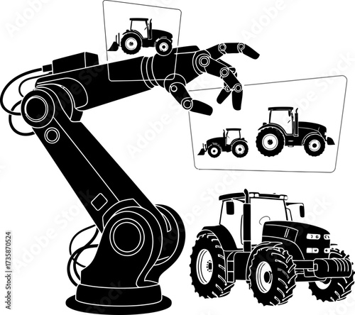industrial robot curates modern farm vehicles, optimizing agricultural innovation for future growth