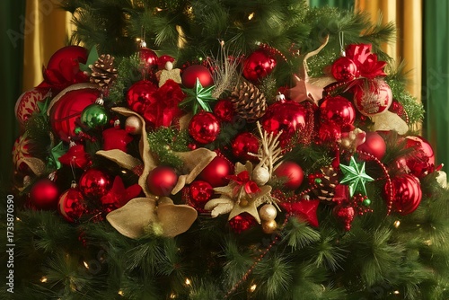 Festive Christmas Tree Decorations with Red and Green Ornaments, Pine Cones, and Embellishments for a Joyful Holiday Season