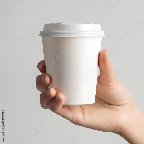 Hand holding white disposable coffee cup with plastic lid closeup minima neutral background studio lighting fingers grasping togo cup blank mockup beverage container