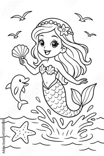 Charming mermaid with dolphin and seashell in a playful ocean scene