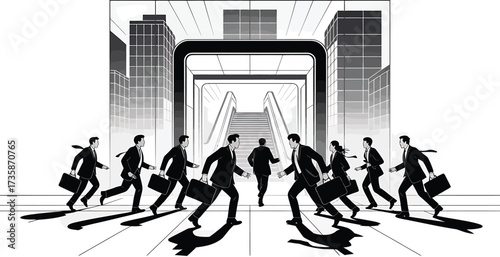 Business People Run Illustration Office Building Rush Hour Commute Style