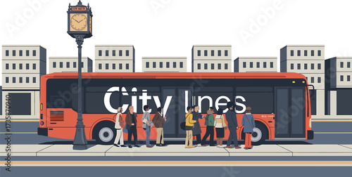 City Bus Stop Illustration Urban Scene with Clock Tower Passengers Buildings