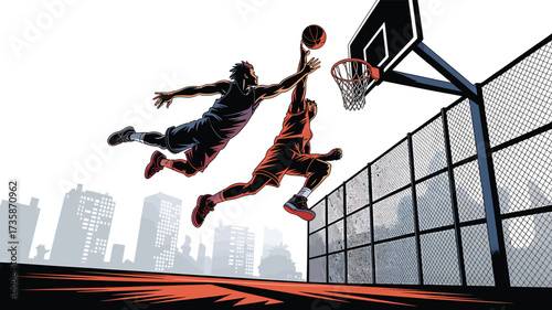 Basketball Players Illustration Slam Dunking Cityscape Skyline Sports Action