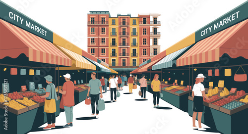 City Market Illustration Vector With People Shopping Fruit Vegetables Stalls