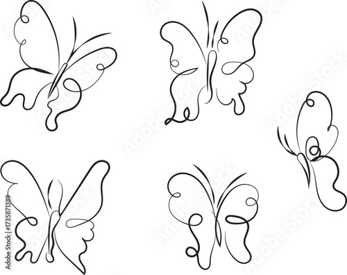 Artistic sketch collection of five delicate butterfly forms