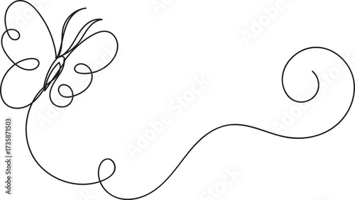 Delicate single line drawing of a butterfly in flight with swirling tail