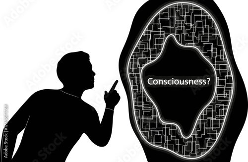 man points to digital consciousness, pondering existence within abstract realms