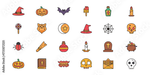 Halloween Icon Set – 20+ Spooky Flat Vector Icons of Pumpkins, Ghosts, Bats, Witches, Candies, and Haunted Symbols