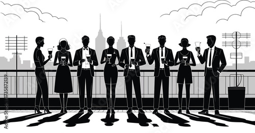 Silhouetted People Toasting with Drinks on Rooftop Overlooking City Vector Illustration