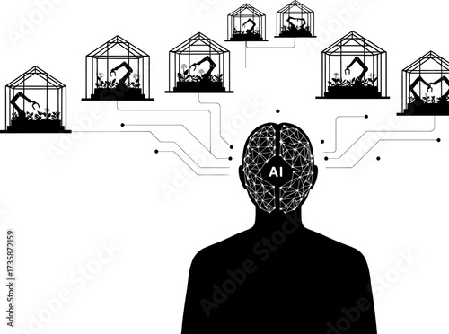 digital mind orchestrates automated farming, growing future food with robotic efficiency