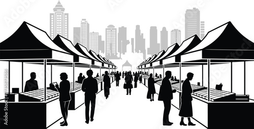 Silhouette Street Fair People Shopping Stalls City Skyline Urban Scene Vector Graphic