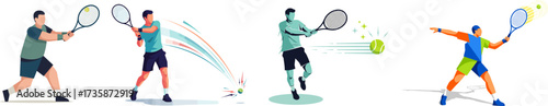 Dynamic illustrations capture tennis players in action, showcasing the energy and precision of the sport with vibrant colors and fluid motion against a clean background.