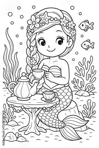 Cute mermaid having tea party underwater with teapot and teacup set vector