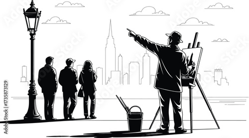 Tourist guide showing cityscape artwork. Tour group artist drawing city view vector illustration