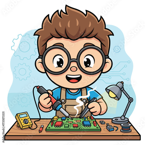 Cute Boy Soldering Circuit Board Tech Hobby