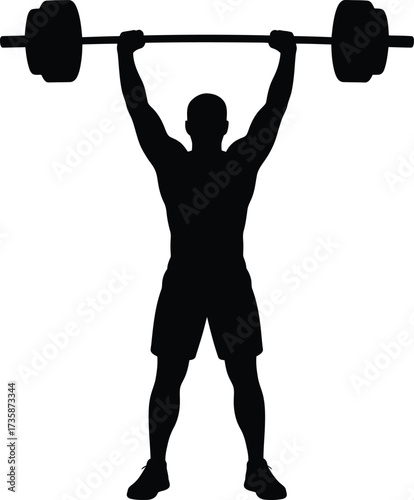 Weightlifter silhouette lifting barbell. Sportsman training weightlifting workout. Vector graphic